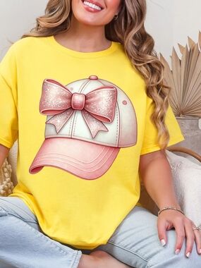 Gildan Yellow Short Sleeve Tee with Pink Bow Cap Graphic